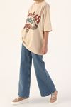 Pamuklu Baskılı Bisiklet Yaka Oversize T-Shirt-Bej