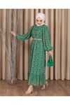 Kadın Desenli Hasır Kemerli Şifon Kadın Elbise-Yeşil