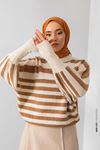Oversize Çizgili Yarasa Kol Triko Kazak -Camel