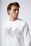 Üzeri Yaprak Baskılı Bisiklet Yaka Sweatshirt EKRU