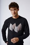 Üzeri Yaprak Baskılı Bisiklet Yaka Sweatshirt SİYAH
