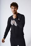 Üzeri Yaprak Baskılı Bisiklet Yaka Sweatshirt SİYAH