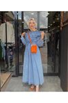  Kadın Bebe Yaka Fermuarlı Kot Elbise-açık mavi
