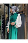  Balon Kol Boydan Düğmeli Kadın Elbise-Yeşil