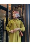 Yaka Kol Manşeti Fırfırlı Boydan Düğmeli Tunik-Yağyeşili