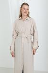 Kadın Kuşaklı Düğmeli Oversize Tunik-Taş