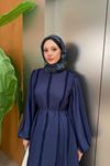 Peluş Şeritli Keten Elbise - Lacivert