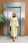 Peluş Şeritli Keten Elbise - Sarı